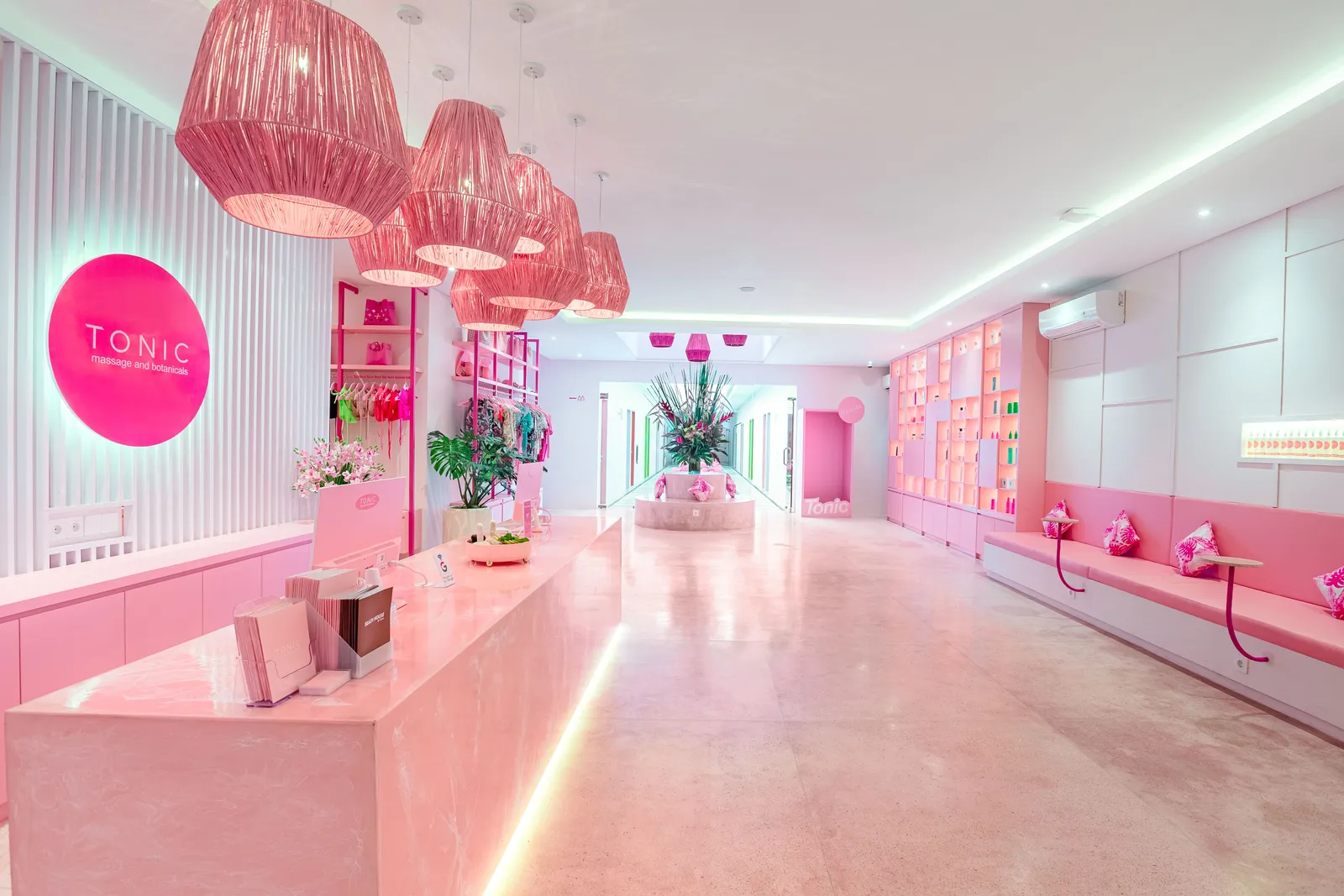 The pink interior of Tonic Massage & Botanicals Ubud